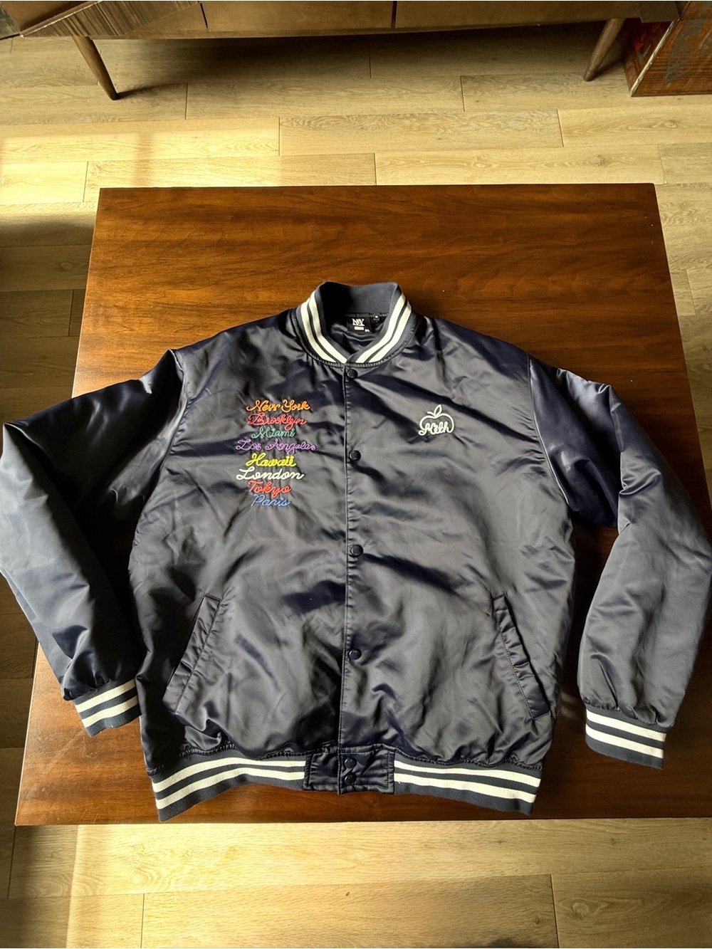 Kith Navy Satin Varsity Bomber Jacket with Multicolor Script